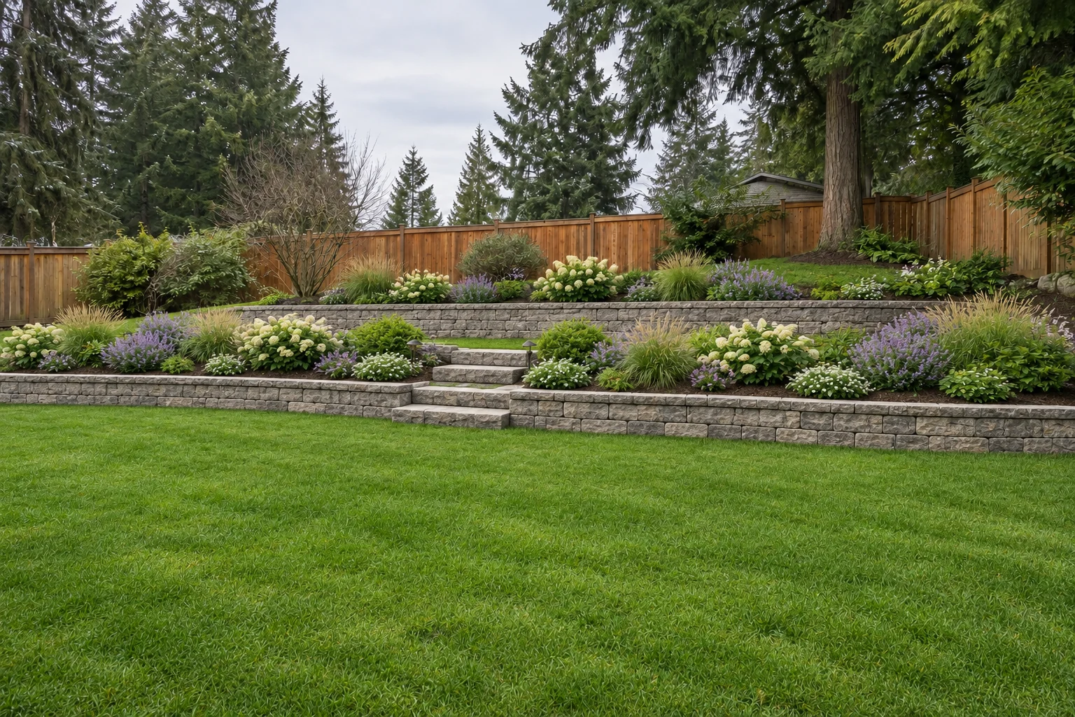 The same slope rebuilt as stone terraces with planting and steps